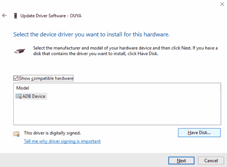 ADB driver - Windows 10 x64 have disk for Ouya.