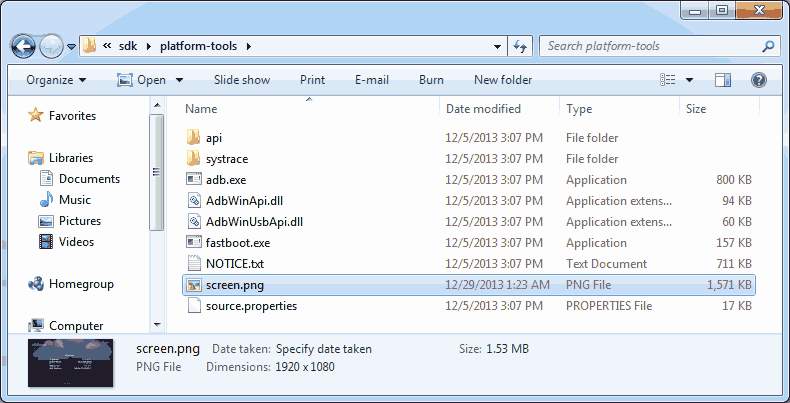 adb screencapture pulled into windows default adb folder from Ouya