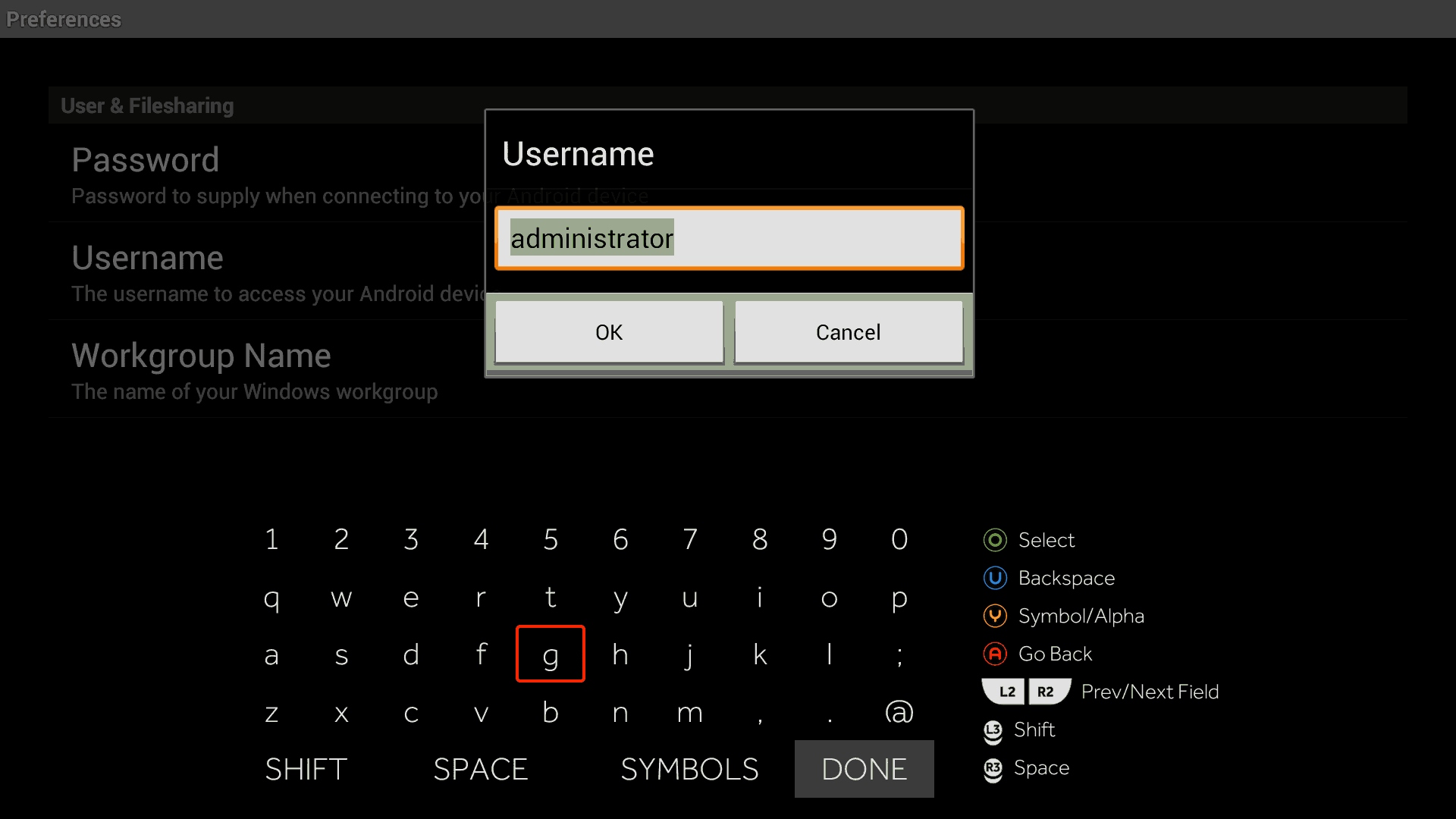 Samba Filesharing Username Screen on the Ouya
