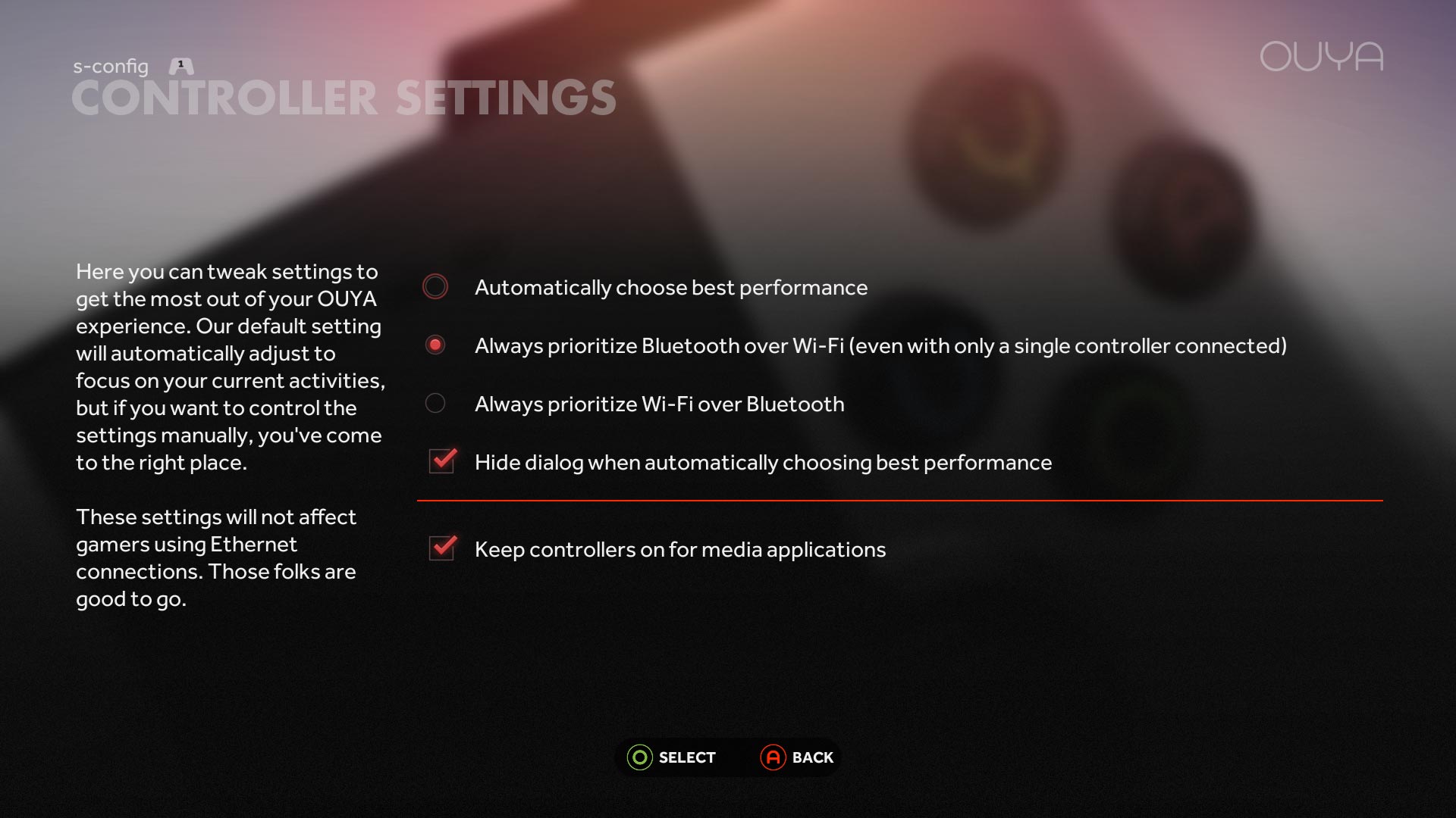 Ouya Controller Settings to adjust bluetooth and wireles powers.