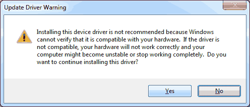 Update Windows Driver Warning message.