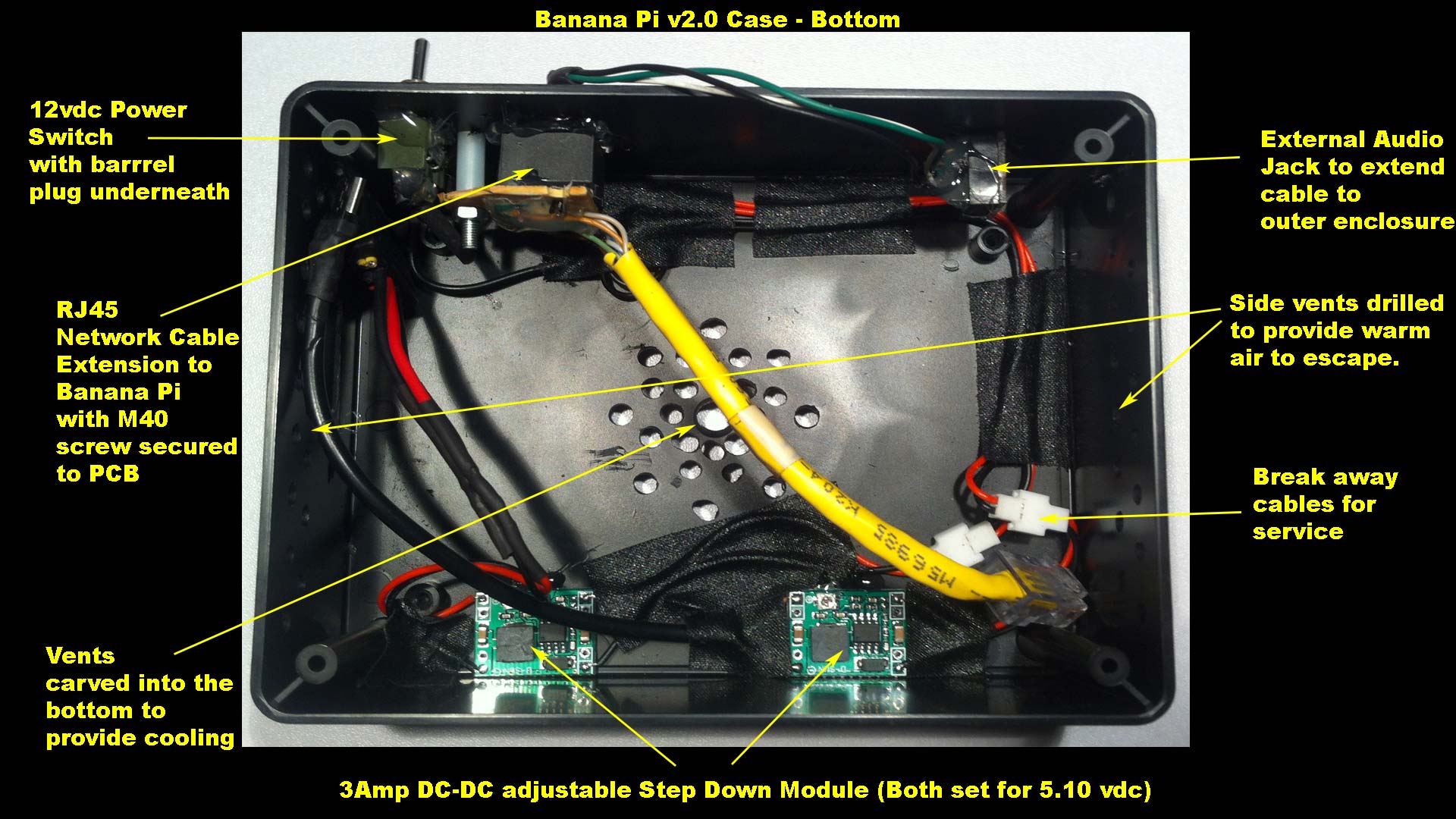 Banana Pi Case Mod - Bottom View of the power and extension harness.