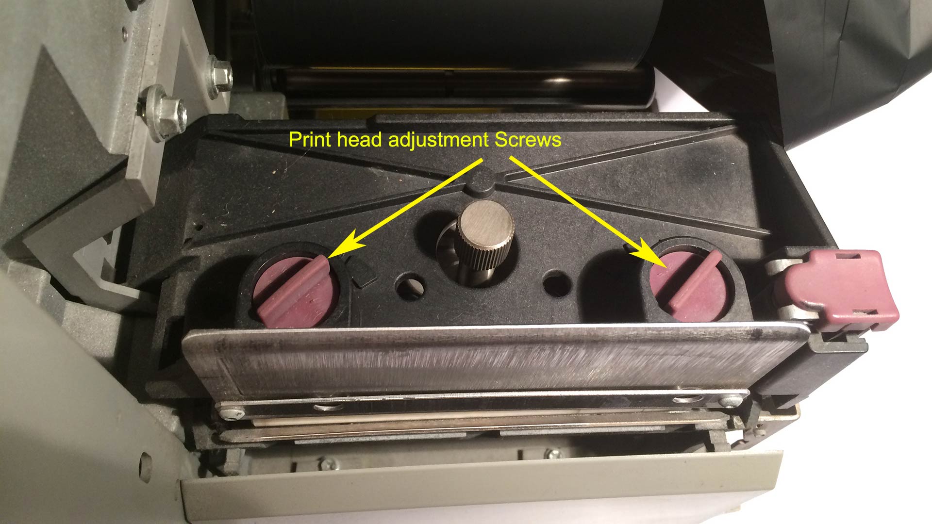 Zebra Z4000 thermal print head adjustment screws.