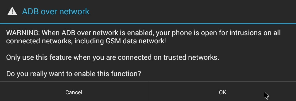 ADB Over Network warning.