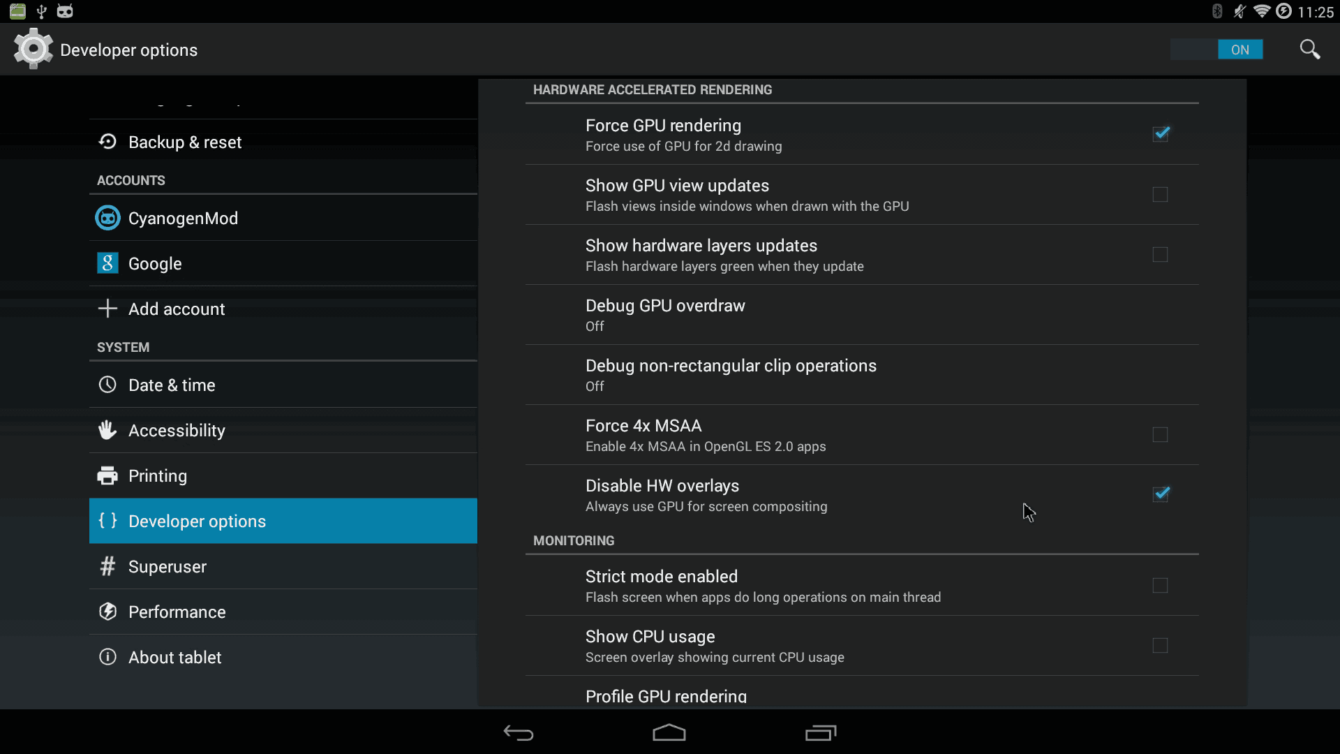 CM11 - Cyanoge on Ouya - Developer Options - Disable HW Overlay