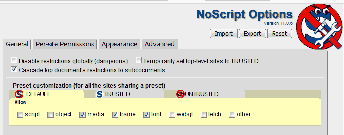TOR - NoScript - Corrected default settings.