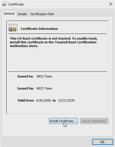 XBCD certificate installation.