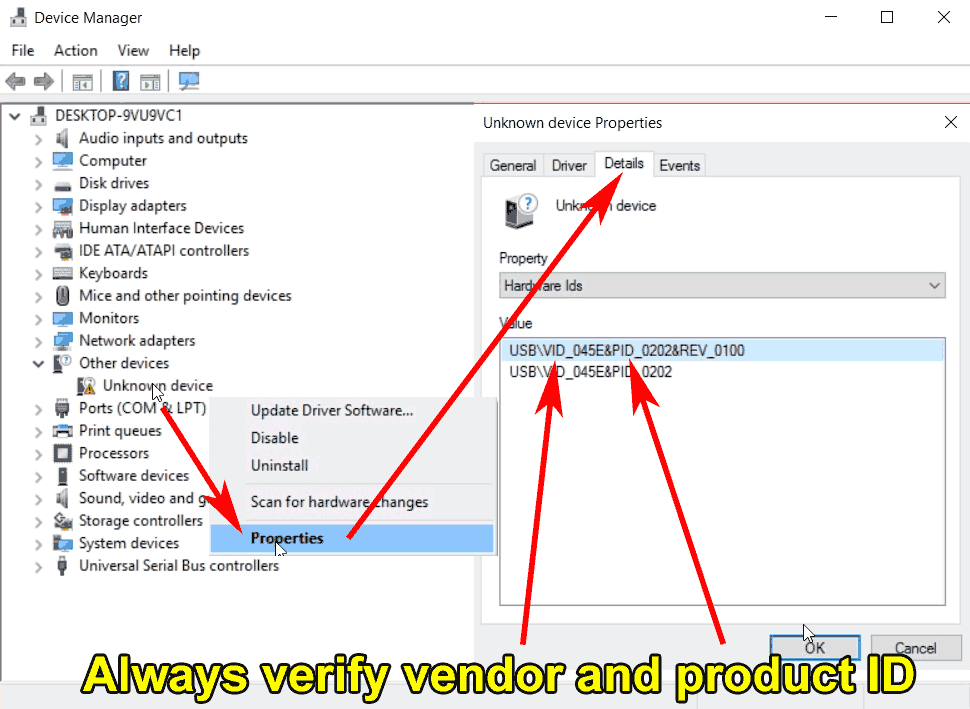 Always verify vendor and product ID