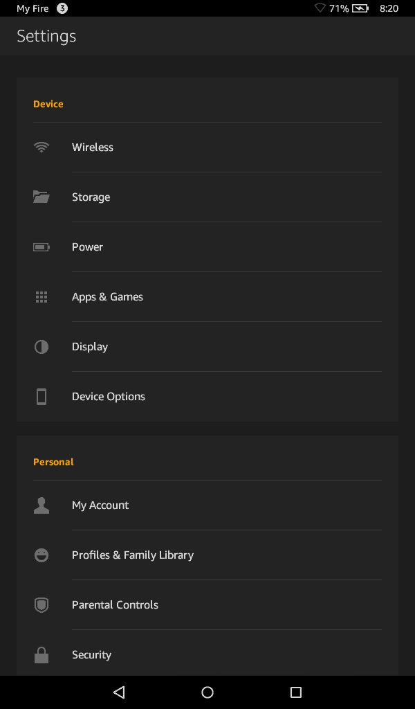 Fire OS 5.x settings screen