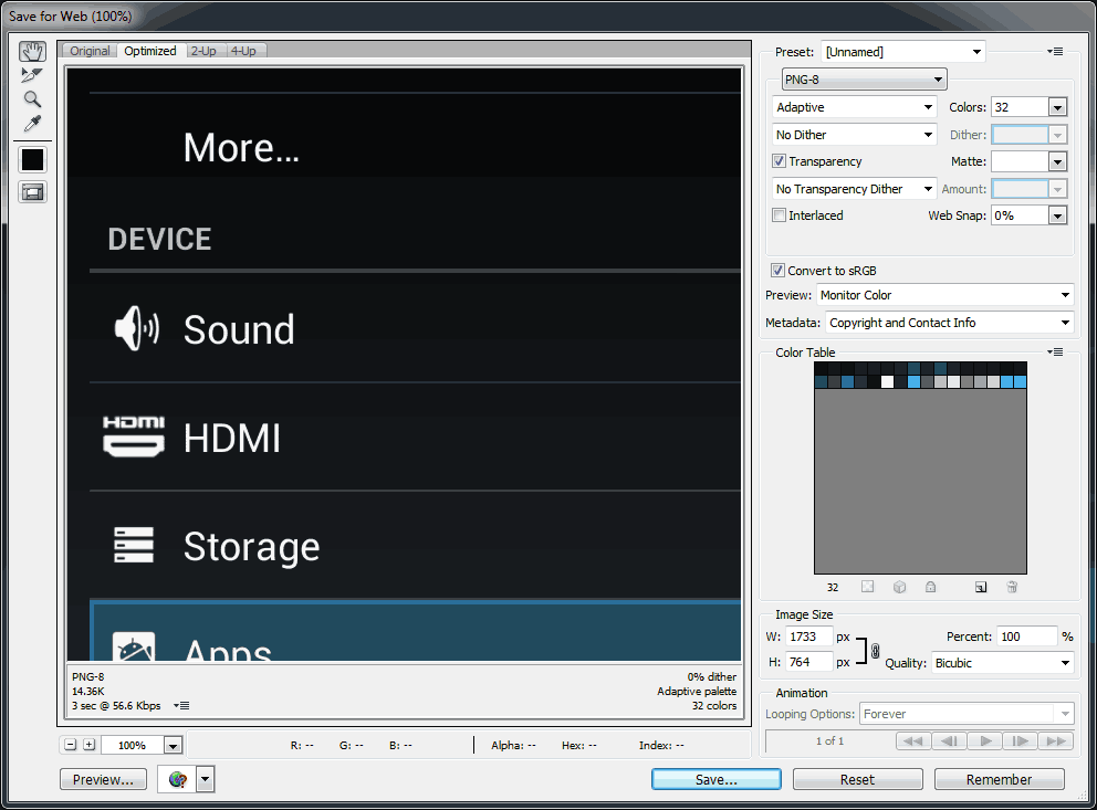 Adobe PhotoShop - Manunal Compression of PNG Optimization