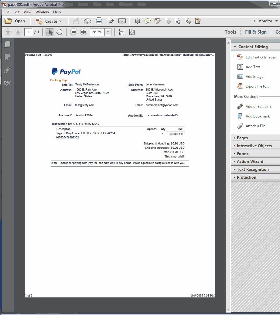Paypal packing slip.