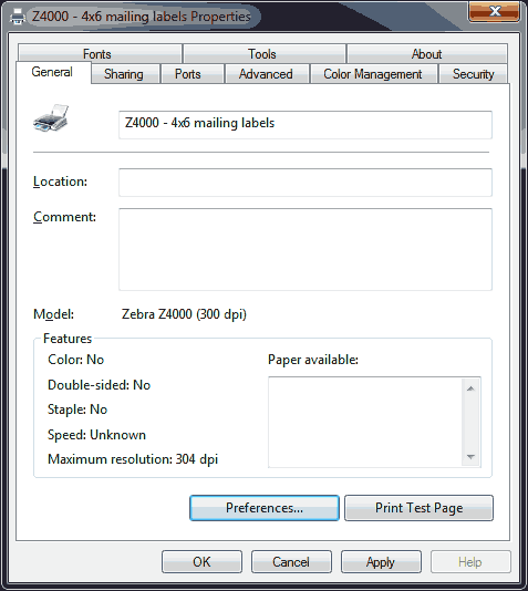 Z4000 Print Properties