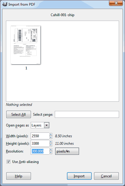 PDF Import Window within GIMP.