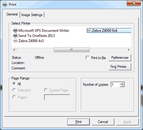 Selecting your label printer within print manager of windows.