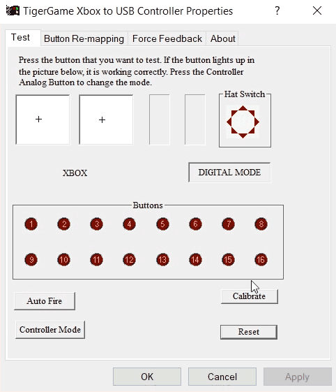 Joystick Testing properties main menu.