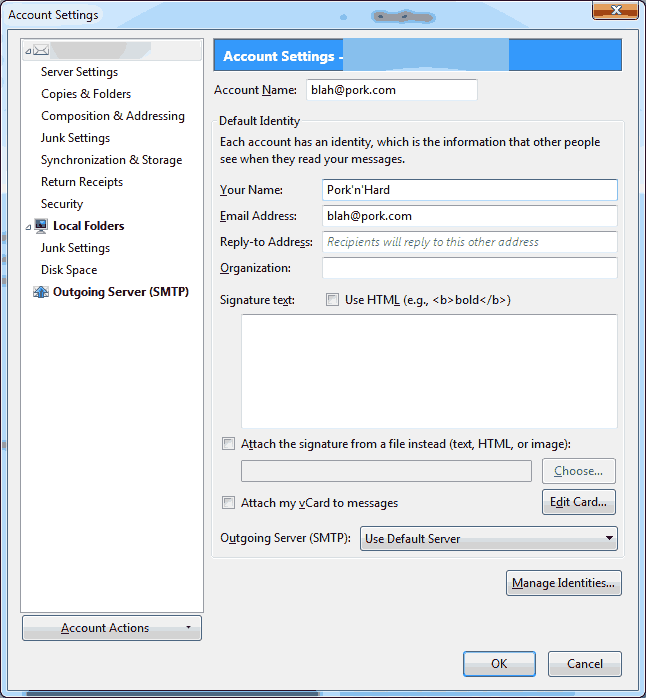 Thunderbird Account configuration example.
