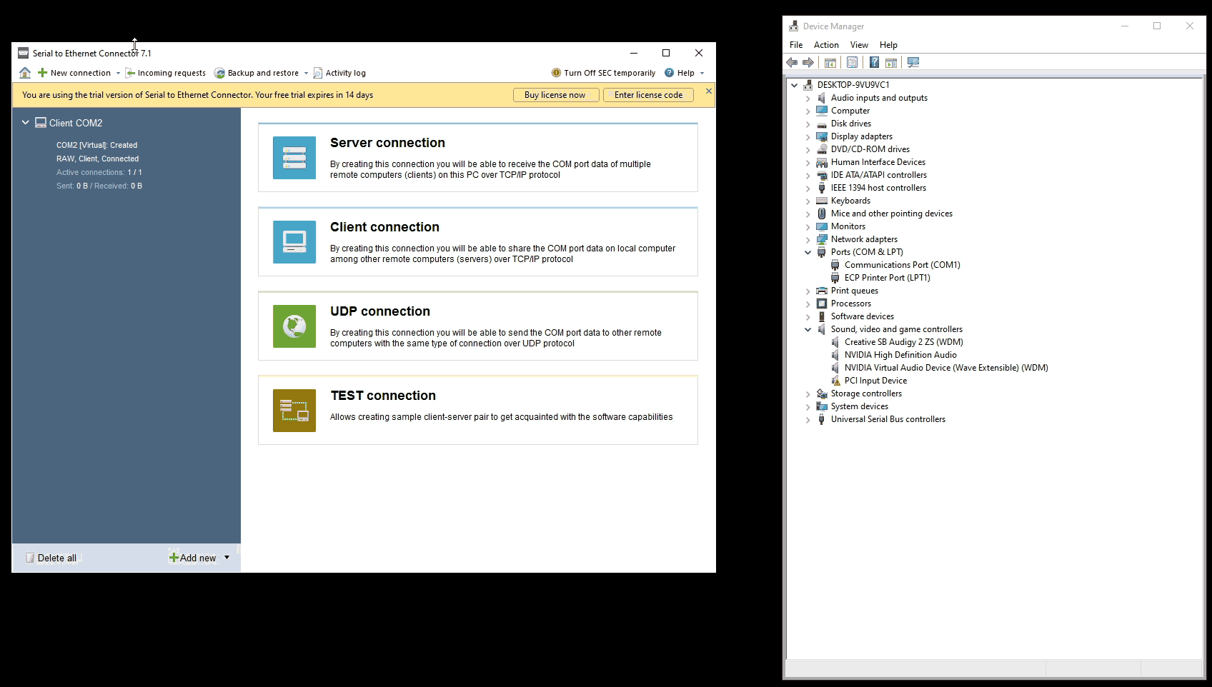 Eltima Serial to Ethernet - Create Connection.