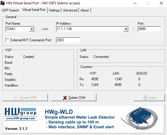 HW-VSP3 Virtual Serial port connection created.