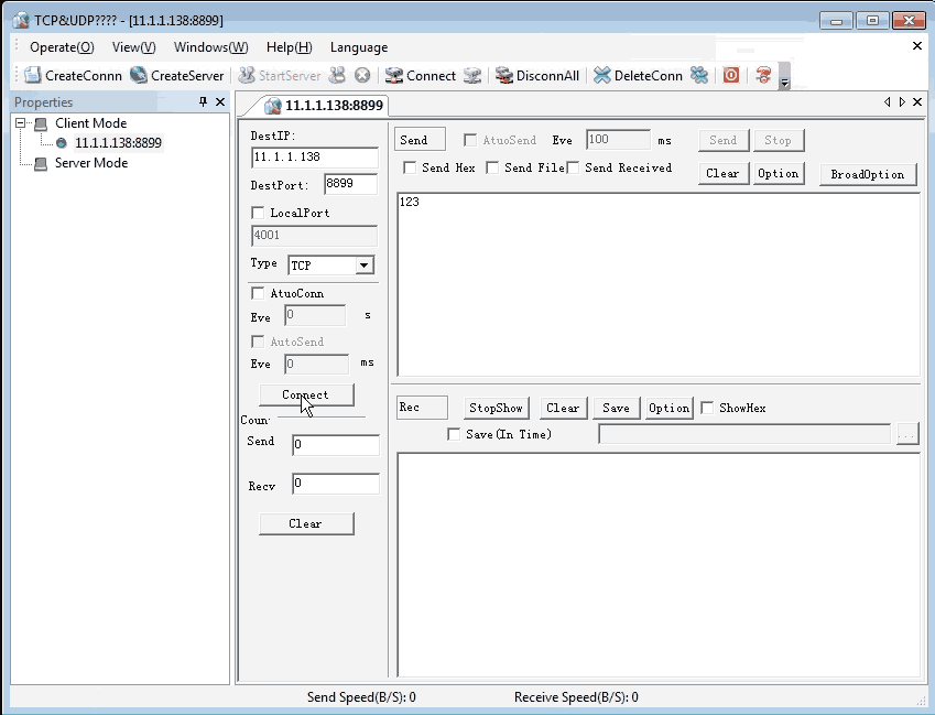 Application TCP and UDP Debug tool connecting.