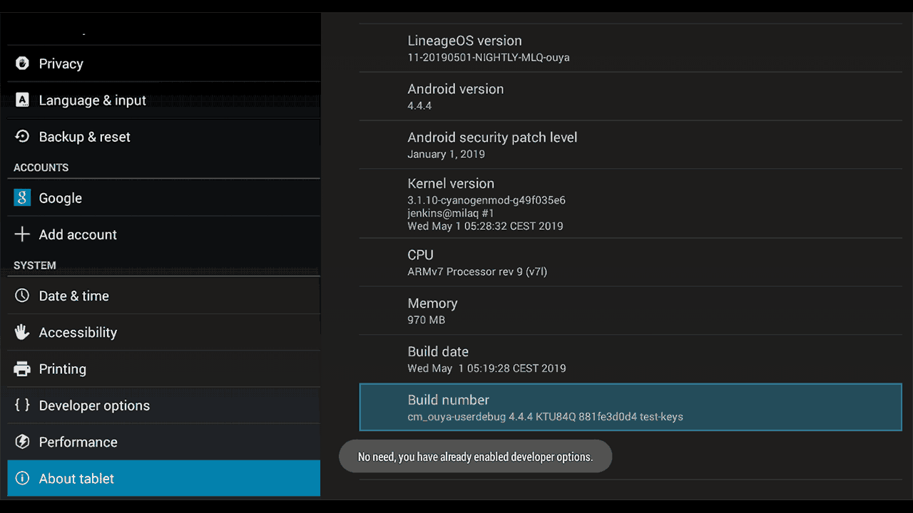 Access the android developer screen via system settings.