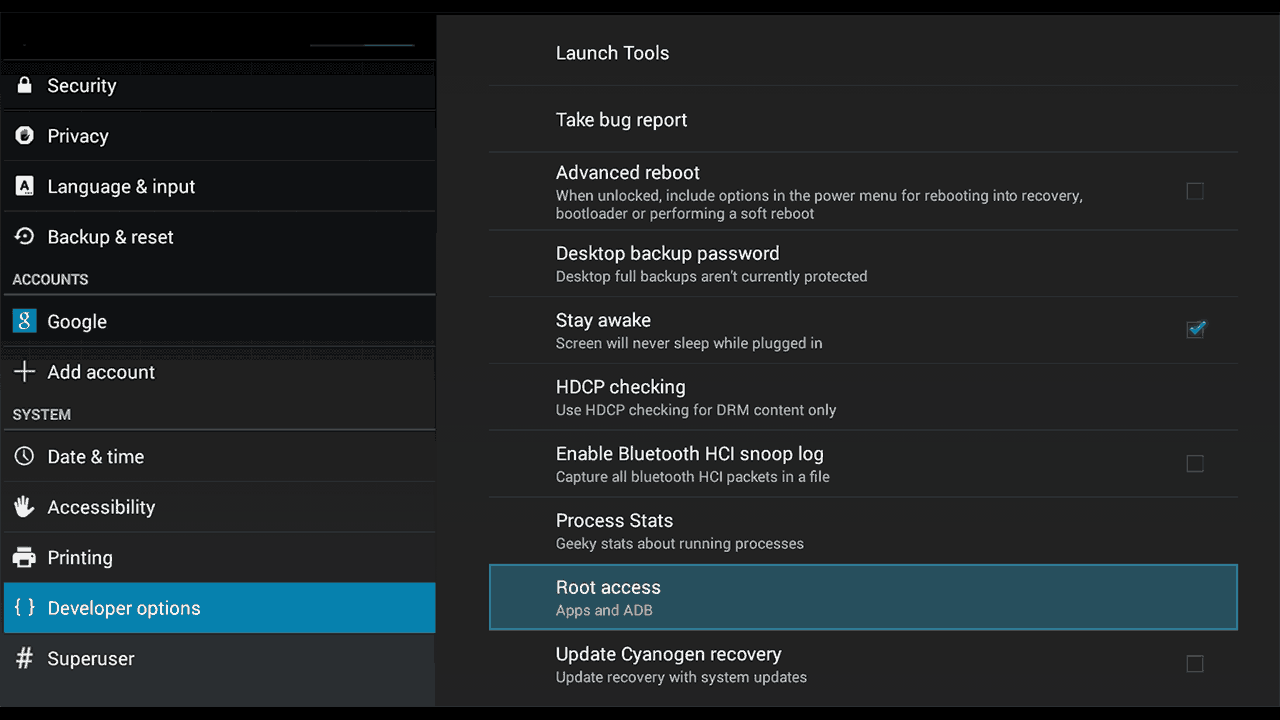 Enable app and adb root access in developer options.