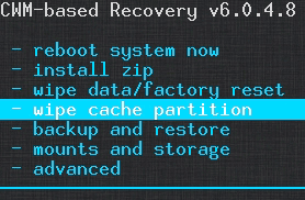 ClockWorkMOD - Wipe cache partition.