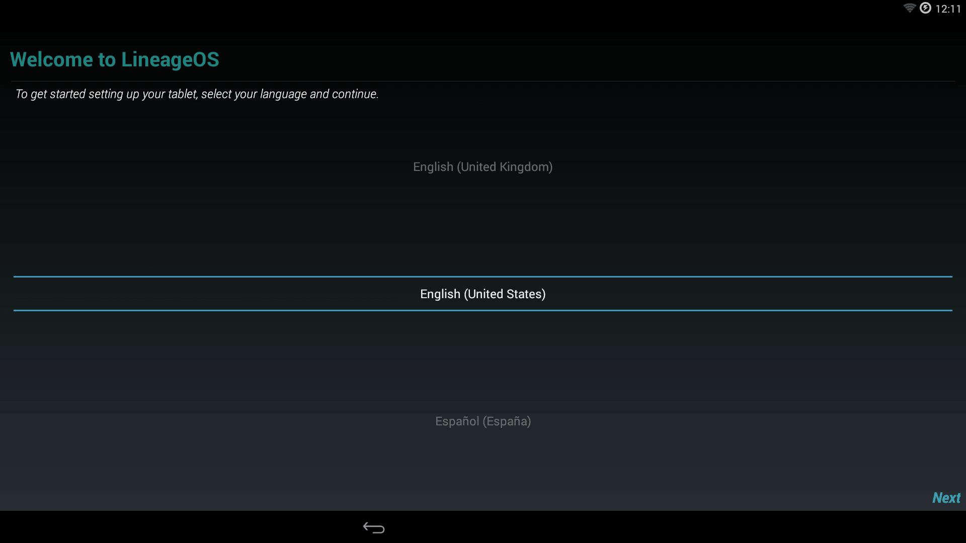 Welcome to LineageOS - Select your Language.