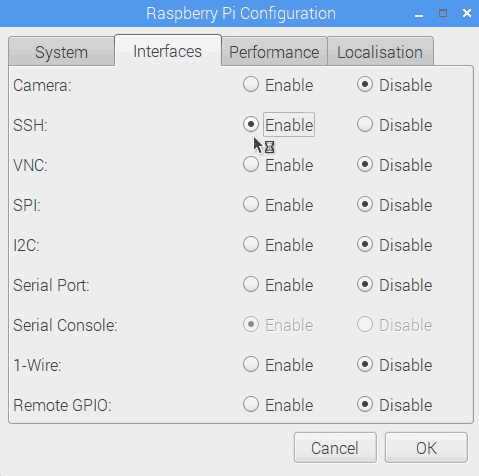 Rsapberry Pi Configuration - Interfaces - Enable SSH