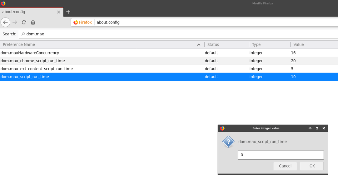 Firefox abount config dom.max_script_run_time