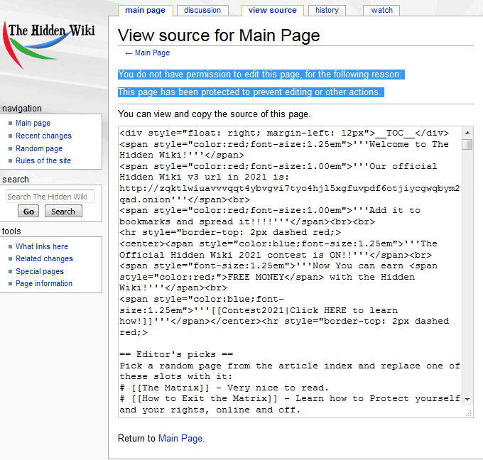 Edit denied on the Hidden Wiki.