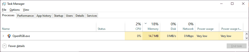 OpenRGB Task Manager Memory Usage.