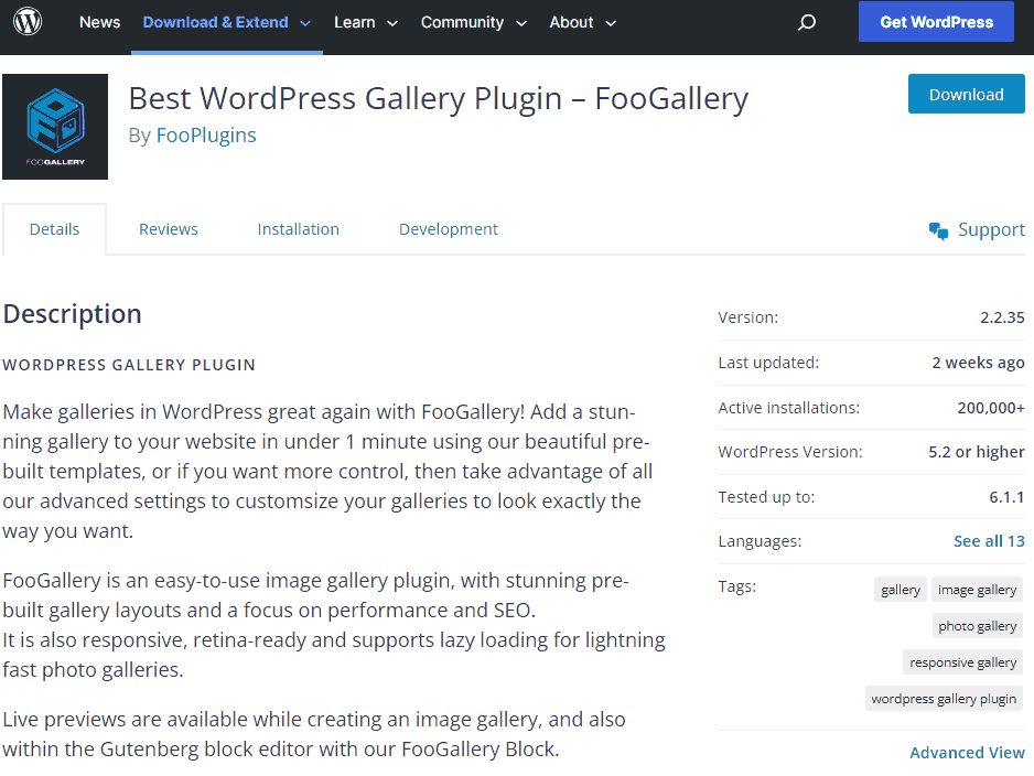 WordPress Plugins Page for FooGallery