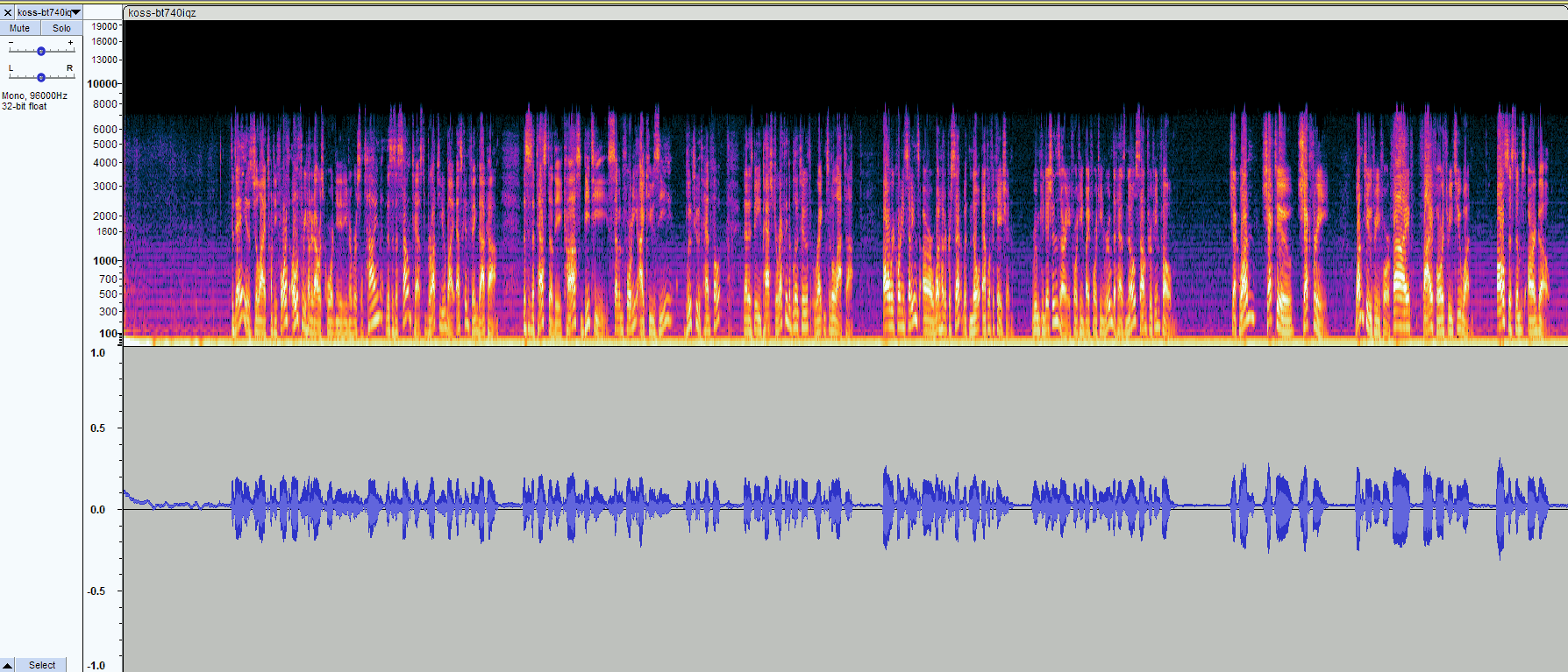 Audacity preview of the microphone in the Koss bt740iqz