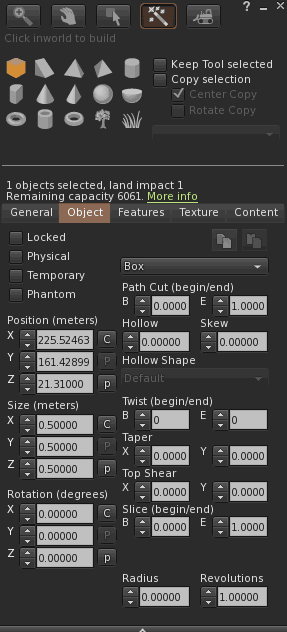 Create a Prim in Second Life Menu.