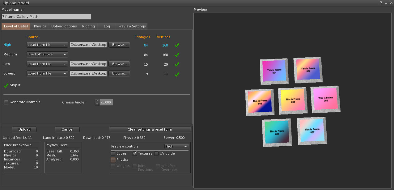 Uploading the DAE files into Second Life.