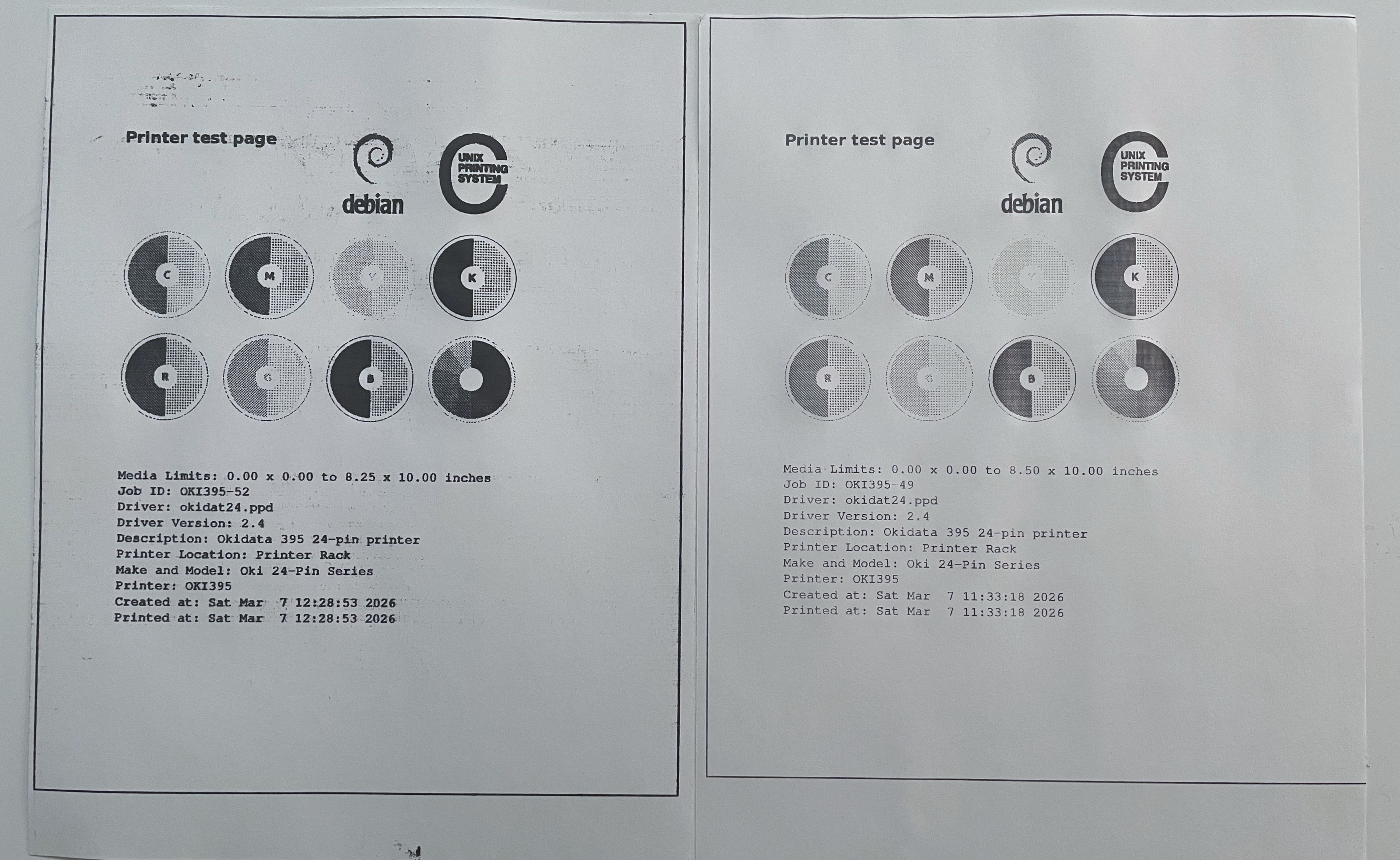 The two Okidata 395 cartridges, Dry-Boi vs Juicy Boi.